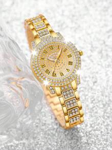 4 peças/conjunto de relógio feminino elegante com strass e numeral romano e pulseira de corrente em formato de 8, pulseira redonda dourada da moda, presente para o dia das mães, dia do professor, ação de graças, formatura, aniversário