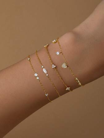 1 件心形与三叶草 925 纯银可叠戴手链女士手链 | 浪漫精致可调节链条，适合情人节、周年纪念日、婚礼 | 精美珠宝礼盒