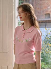 Simple Retro Modele damskie na wiosnę i lato Kolizja Kołnierzyk Piotruś Pan Haft guzikowy Różowy Romantyczny Elegancki Retro Elegancki Slim Krótki rękaw Sweter Dzianinowe topy