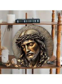 1 pièce Panneau décoratif en bois rond 2D plat vintage pour le Vendredi saint, signe décoratif de Jésus, ornement suspendu festif, décoration murale saisonnière, parfait pour Pâques, Épiphanie et décorations de Noël