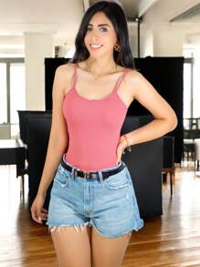 Women's Tank Top Blouse Ribbed Straps Plain Print Basic Crop Top In Various Colors - 藕粉色 - 查看 6