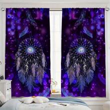 2PCS Dream - Catcher Printed Curtain, Mysterious And Dreamy Style, Purple Starry - Sky Background With Stars And Feathers Embellishment, Rod - Pocket Included, Suitable For Home Decor In Living Rooms, Bedrooms, Children's Rooms, Studies, Etc.