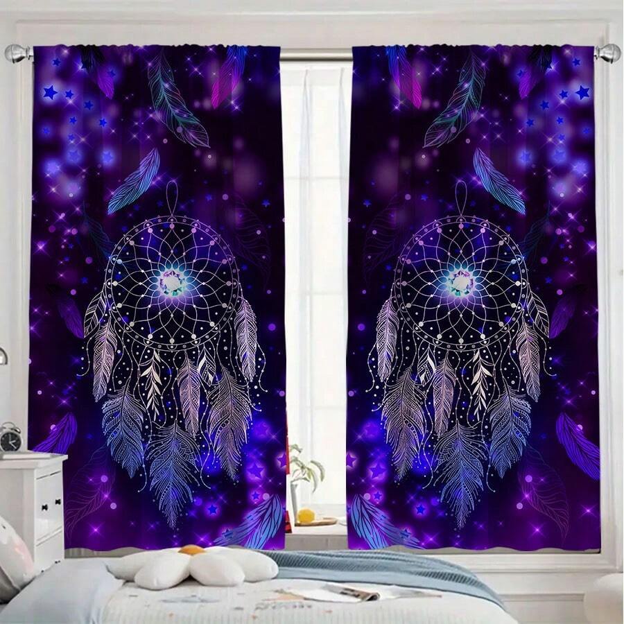 2PCS Dream - Catcher Printed Curtain, Mysterious And Dreamy Style, Purple Starry - Sky Background With Stars And Feathers Embellishment, Rod - Pocket Included, Suitable For Home Decor In Living Rooms, Bedrooms, Children's Rooms, Studies, Etc.