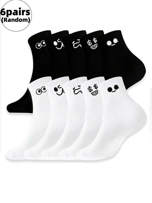 6 Pairs Random Funny Mid-Calf Socks For Men, Soft & Comfortable, Cushioned Moisture-Wicking, Suitable For Outdoor, Business, Casual, And All Kinds Of Parties