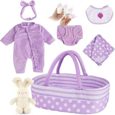 BABESIDE BABESIDE 8 Pcs Reborn Baby Doll Clothes With Bassinet For 17-22 Inch Baby Doll, Baby Doll Clothes Outfit Accessories Fit Newborn Baby Doll Girl