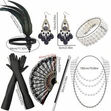 Lata 20. XX wieku, makijaż imprezowy dla kobiet, maskarada, kolczyki, elegancka, elegancka, ekskluzywna opaska na głowę, rękawiczki, bransoletka, uchwyt na papierosy, koronkowy wachlarz, 7-częściowy zestaw kostiumów imprezowych