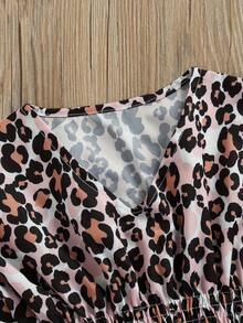 Vestido informal holgado para niña, estampado de leopardo, color liso, cuello redondo, mangas cortas de murciélago, vestido de una pieza. - Colores mixtos - Ver 2