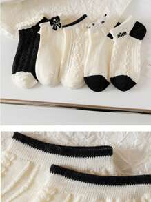 5 Pairs Women Summer Thin Ankle Socks, Korean & Japanese Style White Lace Trim Socks, Boat Socks For Girls