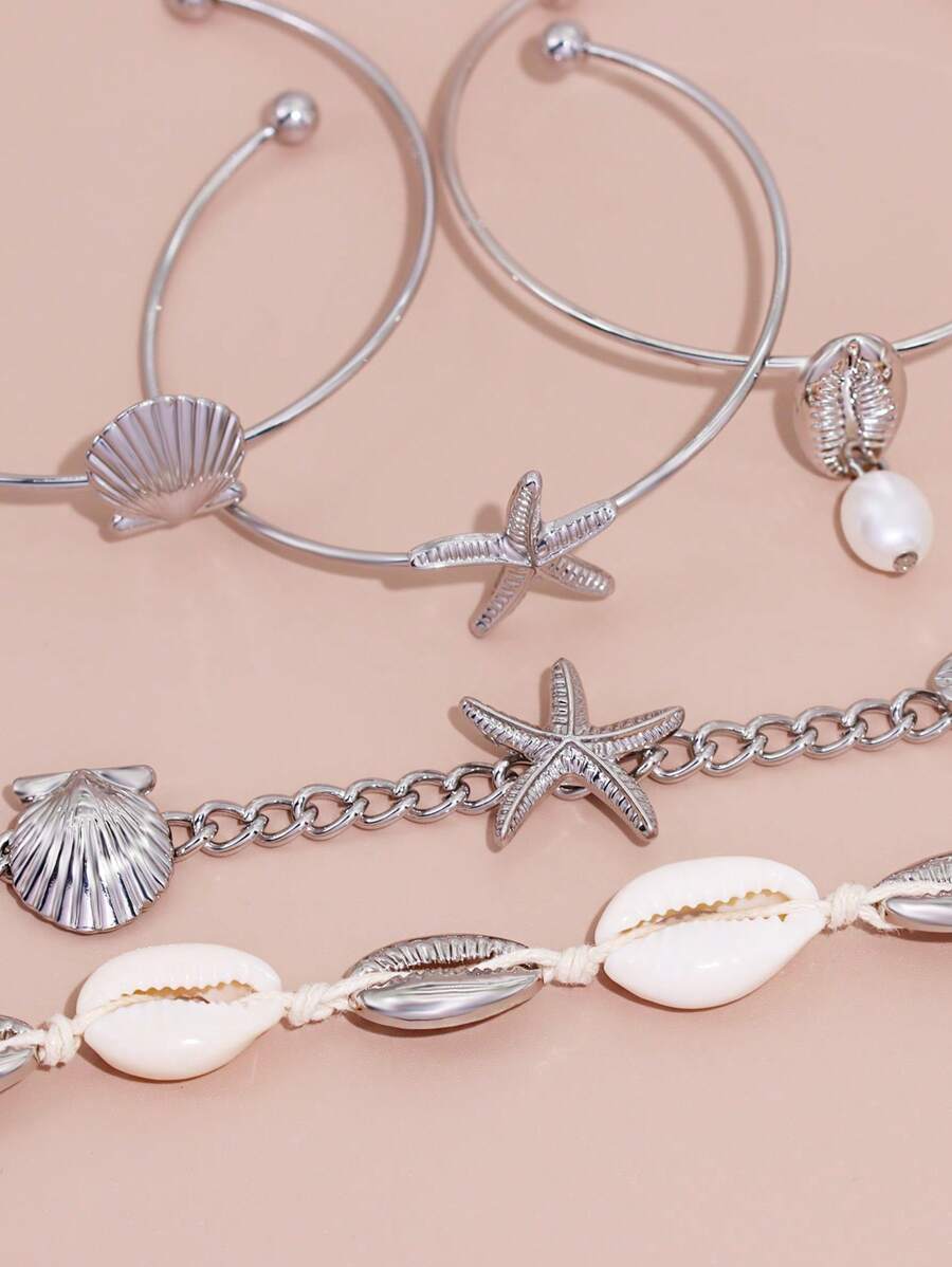 5pcs Bohemian Shell Bracelet Set For Women, Summer Beach Jewelry Accessories - Silver - View 1