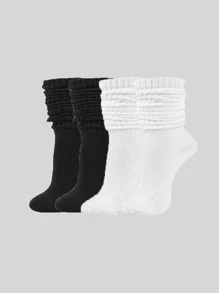 4 Pares de Meias Japonesas de Pilha Folgada, Meias Cano Médio de Cor Sólida - Multicolorido - Visão 4