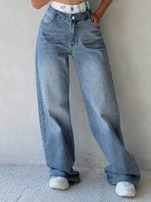 Women's Floor Length Jeans, Street Style, With Buttons, Zippers, And Pockets, Urban Style, Comfortable Women's Pants. - Medium Wash - View 4