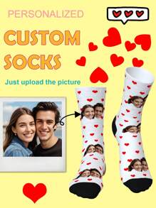 1 Pair Of Customized Crew Socks,Custom Face Socks, Custom Photo Sock, Custom Printed Socks, Personalized Funny Face Socks, Custom Picture Socks, Put Any Face On The Socks, Anniversary Gift, Valentine Gift, Birthday Gift, Wedding Gift - White - View 1