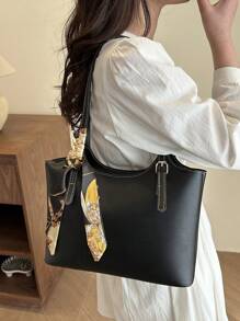 Fashionable And Simple Solid Color Letter Printed Shoulder Tote Bag With Scarf, Suitable For Shopping, Wallets, Shopping, Young Women, College Students, Newcomers, White-Collar Workers. They Are Very Suitable For Offices, Universities, Work, Business, Commuting, Outdoor Activities, Travel, And Outings - Black - View 5