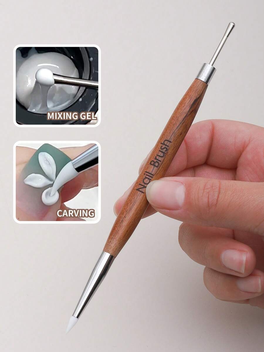 1 Stück Holzgriff Doppelkopf Nagel Misch-Gel Stift, Silikon Nagel Schnitzstift, weiche Gummispitze für Pulveranwendung, Multifunktions-Nagel Punktier- und Malstift, Detailpinsel
