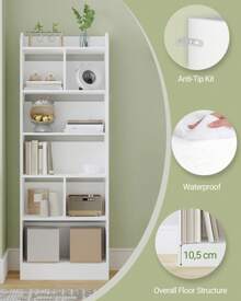 HEXCELEN Regał Regał z 6 przegródkami Półka do przechowywania Stojak Półka do salonu Biuro Sypialnia 24 x 60 x 170 cm - Biały - Zobacz 5