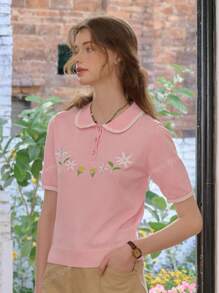 Simple Retro Modele damskie na wiosnę i lato Kolizja Kołnierzyk Piotruś Pan Haft guzikowy Różowy Romantyczny Elegancki Retro Elegancki Slim Krótki rękaw Sweter Dzianinowe topy