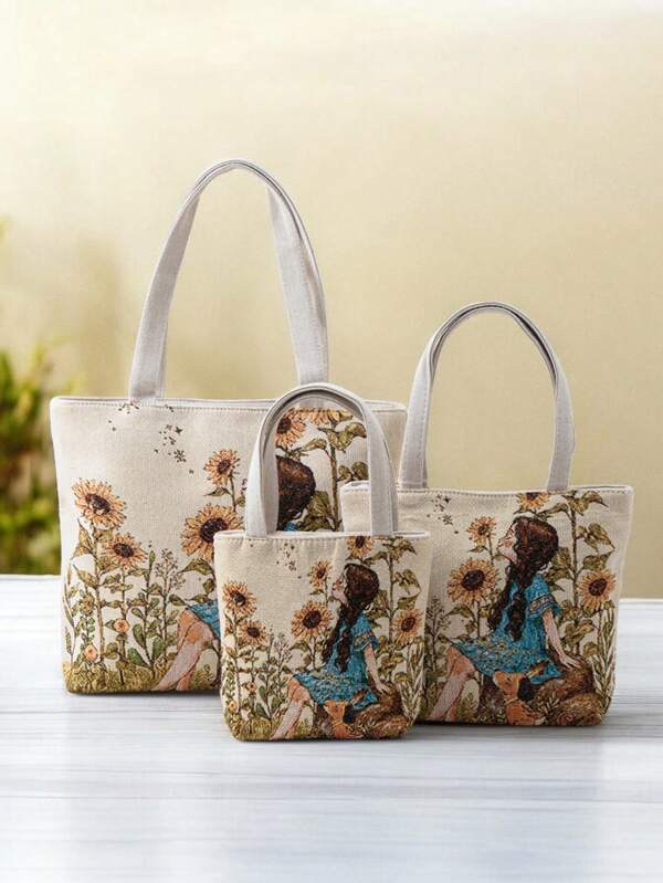 Sunflower Girl Double-Sided Golden Thread Jacquard Embroidery Canvas Bag, Student Shoulder Bag,Large Capacity Tote, Suitable For Outdoor Activities & Storage