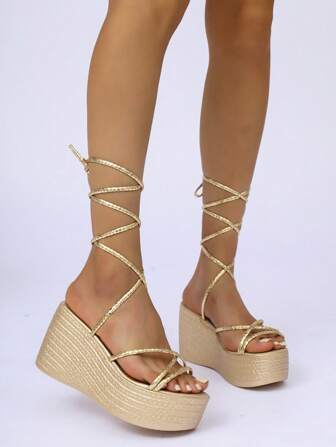 女士时尚简约系带沙滩坡跟凉鞋，高帮防水，厚底