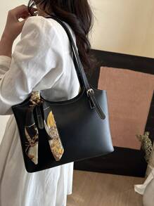 Fashionable And Simple Solid Color Letter Printed Shoulder Tote Bag With Scarf, Suitable For Shopping, Wallets, Shopping, Young Women, College Students, Newcomers, White-Collar Workers. They Are Very Suitable For Offices, Universities, Work, Business, Commuting, Outdoor Activities, Travel, And Outings - Black - View 4