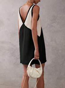 Women Casual Mini Dress Sleeveless V Neck Contrast Color Tank Dress Summer Short Dress - màu đen - Xem 2