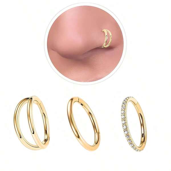 3 Peças Argolas para o Nariz - Argolas Duplas de Aço para o Nariz 18G Joia de Piercing de Anel Clicker de Septo com Zircônia Cúbica, Brinco de Cartilagem Hélice Rook Trágus Daith 10mm