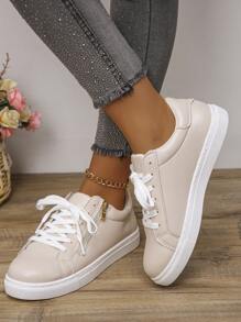 女士新款蓝色蛇纹经典侧拉链休闲鞋，时尚百搭系带厚底运动鞋，适合学生、跑步、徒步旅行、滑板 - 杏色 - 查看 5