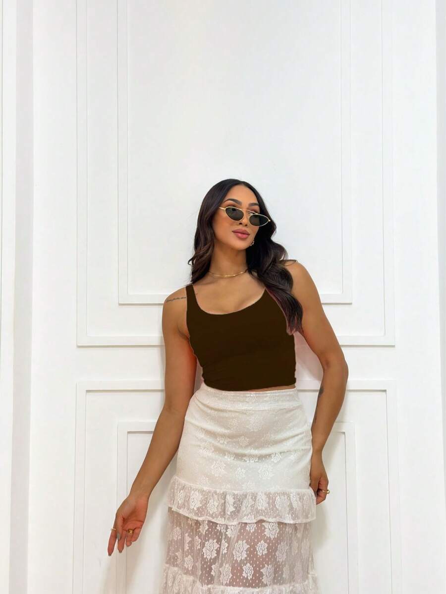 Cropped Tank Top With Thick Supplex Straps - Rust Brown - View 1