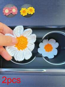 2pcs Hand-Knitted Flower Cup Coasters, Cute Daisy Floral Car Cup Mat Handmade Coasters For Car Interior Decor - one-size - View 1