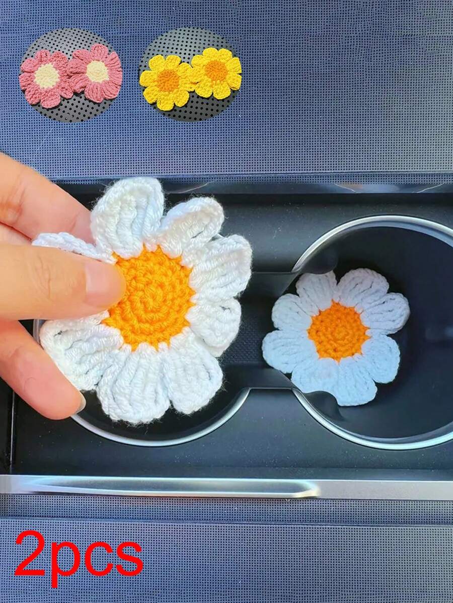 2pcs Hand-Knitted Flower Cup Coasters, Cute Daisy Floral Car Cup Mat Handmade Coasters For Car Interior Decor - one-size - View 1