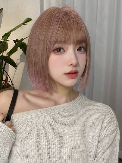 alicegarden 1 Piece Synthetic Heat-Resistant,Short Bobo Straight Wig With Bangs In Pink Wigs , 10 Inches Long, Made From Fiber, Stylish Wigs, Natural And Realistic Wig