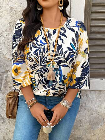 大码女式宽松 3/4 袖花卉印花衬衫，时尚又迷人