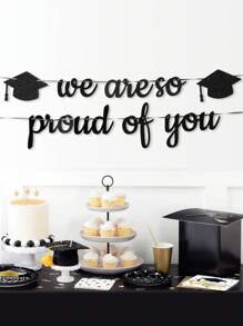 一套黑色亮面“我们为你骄傲”毕业帽图案纸质横幅旗帜，2025毕业派对房间墙面背景装饰，毕业季派对教室背景悬挂装饰，祝贺毕业室内/室外横幅旗帜装饰 - 黑色 - 查看 5