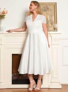 EVER-PRETTY Elegantes Spitzen-Brautkleid für Brautjungfern mit V-Ausschnitt und kurzen Ärmeln, einfarbig, für Junggesellinnenabschied, Brautparty, kleines weißes Kleid, Verlobungskleid