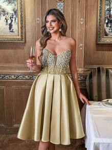 Faeriesty Strapless Beaded Dress With Fitted Bodice & Flared Knee-Length, Spring/Summer Weddings, Galas, Prom, Upscale Dinners, Party Dress, Wedding Guest Cocktail Dress