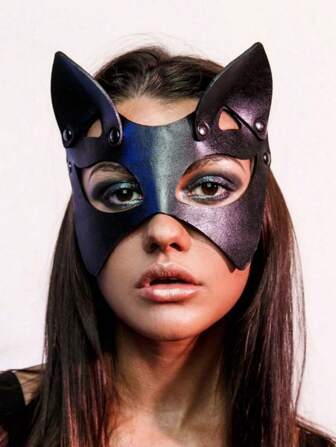 1pc Halloween Black PU Leather Catwoman Mask For Cosplay, Halloween Party, Rave Party, Photo Prop