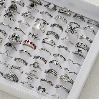 40pcs Gothic Style Alloy Ring Set With Black Gemstones, Versatile And Fashionable, Suitable For Daily Wear And Parties