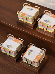 1/2pcs Desktop Self-Adhesive Memo Paper Organizer Holder With Business Card Rack, Black Walnut Simple Hollow Metal Memo Pad Holder