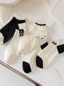 5 Pairs Women Summer Thin Ankle Socks, Korean & Japanese Style White Lace Trim Socks, Boat Socks For Girls