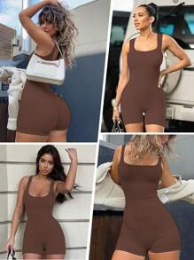 1 Piece Women's One Piece Shapewear With Ribbed Texture, Slimming And Enhancing Jumpsuit Design - Brown - View 3