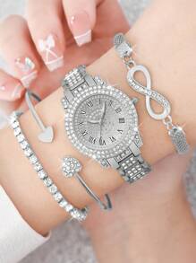 4 peças/conjunto de relógio feminino elegante com strass e numeral romano e pulseira de corrente em formato de 8, pulseira redonda dourada da moda, presente para o dia das mães, dia do professor, ação de graças, formatura, aniversário