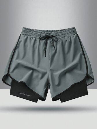 男士春夏抽绳腰部二合一休闲运动短裤，适合远足和骑自行车的时尚运动服
