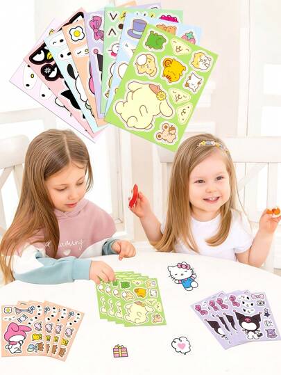 sanrio1 no use 8 件/16 件/24 件可爱换脸贴纸，卡通动画动物可爱形象，各种颜色和设计，可爱玩具拼图，防水贴纸，益智趣味创意 DIY 拼图贴纸，亲子互动，家庭、朋友、同事礼物 - 男孩、女孩、学校使用，返校季用品