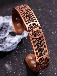 1 pieza Conjunto de brazalete magnético y anillo con diseño de flor vintage, para proteger la salud y prevenir lesiones, brazalete magnético ajustable de cobre antiguo enchapado para hombres y mujeres