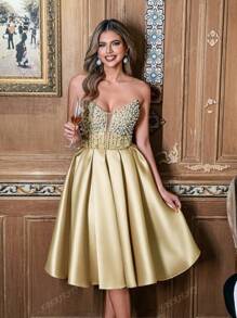 Faeriesty Strapless Beaded Dress With Fitted Bodice & Flared Knee-Length, Spring/Summer Weddings, Galas, Prom, Upscale Dinners, Party Dress, Wedding Guest Cocktail Dress