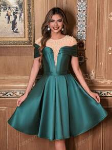 Faeriesty Vestido de malla y satén midi con adornos de perlas falsas para fiestas y eventos de cóctel, elegante atuendo formal de noche, vestido de invitada de boda