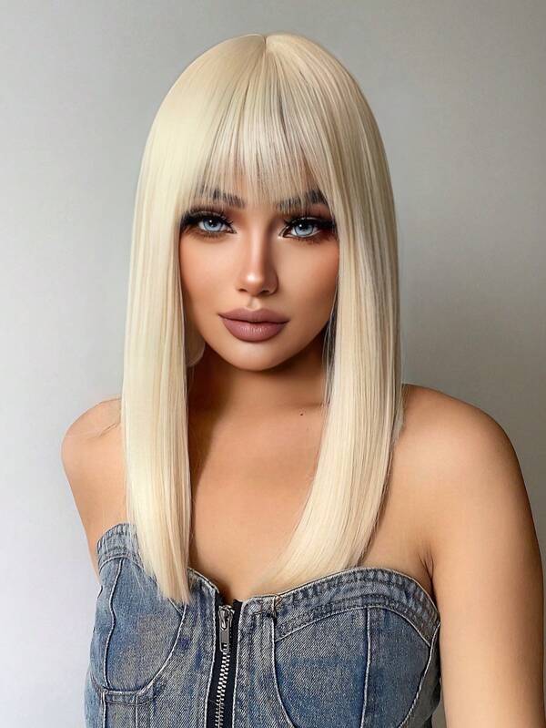1-Piece Synthetic Heat Resistant Straight Hair Bangs Wig Golden 18 Inches Full Machine Weave Daily Natural Realistic Wig
