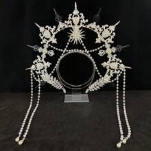 1pc Women's Golden Faux Pearl Chain Metal Lolita Angel Halo Sun Crown Headband, Suitable For Daily Wear, Cosplay, Photography Props Halloween