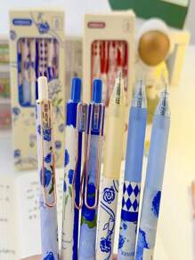 6支装蓝玫瑰伸缩圆珠笔套装，0.5mm细笔尖，黑色速干墨水圆珠笔，办公学校家居用品 - 彩色 - 查看 3