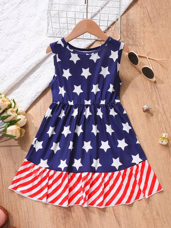 Kleine Mädchen Amerikanischer Unabhängigkeitstag Gestreift Sterne Muster Schleifen Dekor Sommerkleid