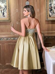 Faeriesty Strapless Beaded Dress With Fitted Bodice & Flared Knee-Length, Spring/Summer Weddings, Galas, Prom, Upscale Dinners, Party Dress, Wedding Guest Cocktail Dress
